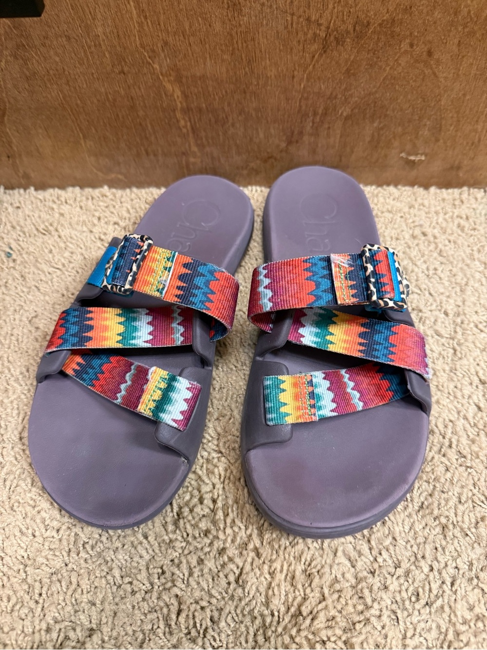 Custom design - Chaco Purple Footbed Sandals with Multicolor Tribal Straps